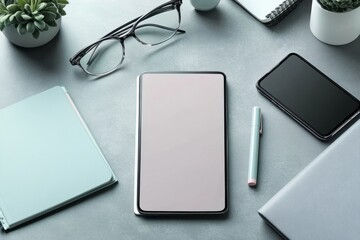 Modern digital tablet with blank screen is surrounded by various office supplies on a gray desk, creating a productive workspace