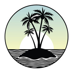 a circular illustration of a small island with three palm trees on it