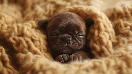 Newborn Brown Puppy Sleeping Softly In Tan Blanket