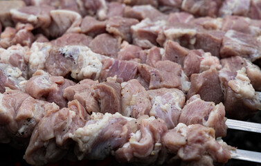 Close-up image of raw meat cubes on skewers, ready to be grilled.