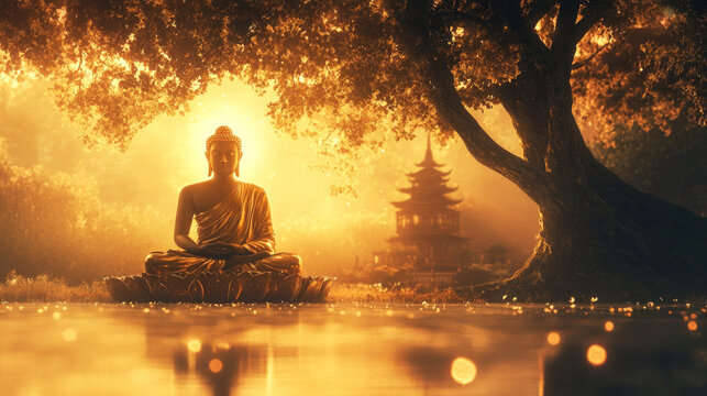 Buddha figure sitting under the Bodhi tree in the lotus position, surrounded by a glowing golden aura
