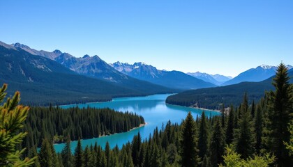 Panoramic view of a serene lake nestled in a mountain valley, surrounded by lush evergreen forests under a clear blue sky.