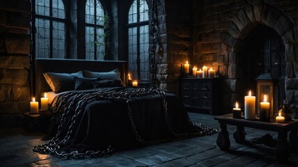 Dark gothic bedroom with candles and chains.