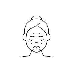 Woman with Blackhead, Acne, Rash on Face Line Icon. Girl with Pimples Face Outline Icon. Allergy, Inflammation Skin, Dermatologic Problem. Editable