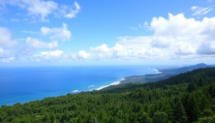 Obraz premium Panoramic view of coastal forest, ocean, and sky with fluffy clouds.