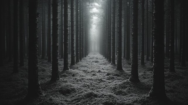 Eerie forest pathway in misty pine woods under mysterious moonlight