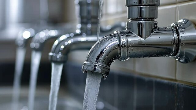 Flowing water from shiny metal faucets in a modern sink area with droplets reflecting light