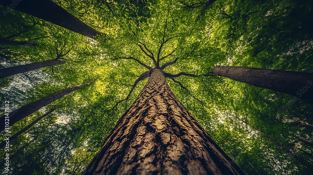 Poster Majestic View from Below of Towering Forest Trees and Green Canopy : Generative AI