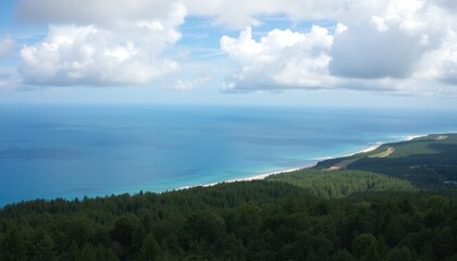 Panoramic view of coastal landscape with turquoise water, sandy beach, and forested hills under a partly cloudy sky.