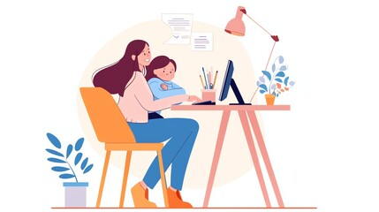 Mother and son doing homework together at home. Flat vector illustration.