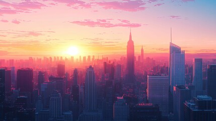 Fototapeta premium Pink Sunset Over City Skyline Majestic Buildings