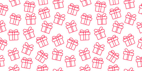 Seamless pattern background of gift boxes red line art style. Gift box motif fabric for birthday, package, present, wrap, surpise, shop