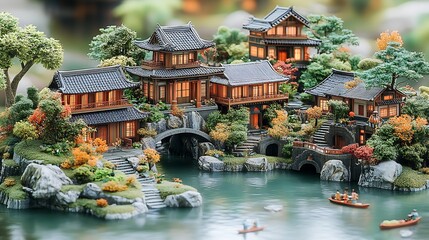 Fototapeta premium Miniature Traditional Asian Houses with Garden and Water Features : Generative AI