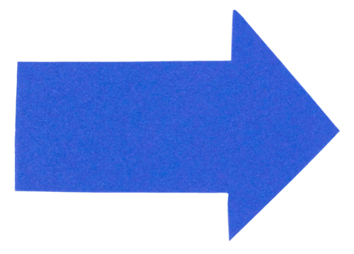 Isolated cut out blue paper cardboard arrow direction sign with texture rough edges and copy space for text png transparent background
