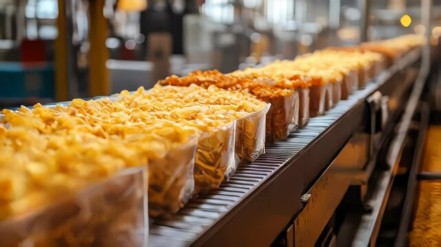 Packed pasta shapes on a production line, showcasing modern food packaging processes in a factory