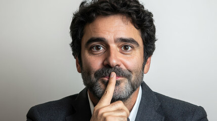 Middle aged man silencing with finger on lips, expressing calmness