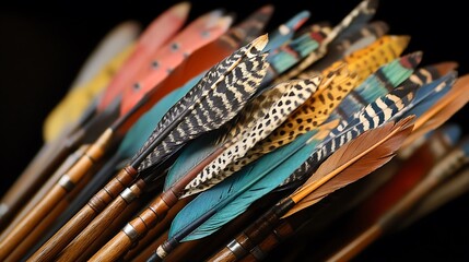 Colorful fletched arrows with various patterns and colors close-up.