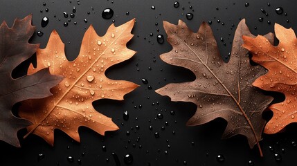 Wet Leaves on Dark Background with Water Drops and Texture