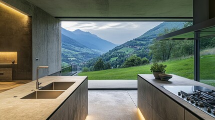 Modern Kitchen with Scenic Mountain View and Large Glass Windows