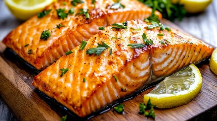 High-resolution close-up of salmon fillet on a wooden board, surrounded by fresh herbs and lemon slices, showcasing a premium protein source.