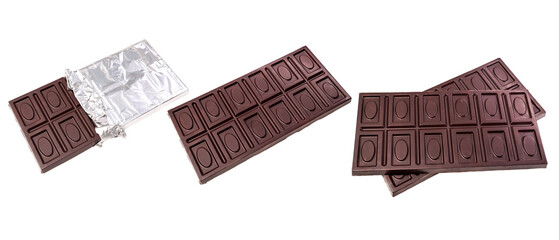 Collage of bitter dark chocolate bars isolated on a transparent background