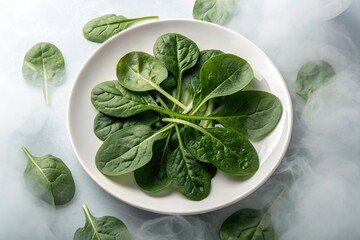 A cluster of green spinach leaves arranged in a symmetrical pattern on a white plate with a slight mist or fog effect to create a dreamy atmosphere, food styling, fresh herbs, flat lay photography