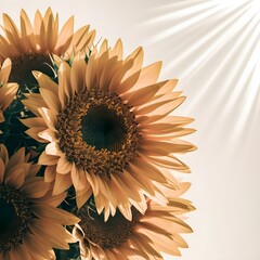 The image features a vibrant cluster of sunflowers, their large, bright yellow petals radiating outward from dark brown centers. The sunflowers are arranged closely together, creating a striking focal