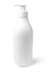 White unbranded bottle with pump for liquid soap, shampoo, or lotion isolated on a white background