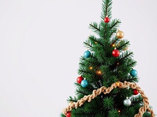 A decorated Christmas tree with glass beads and a natural fiber garland, Christmas tree, decorating, festive