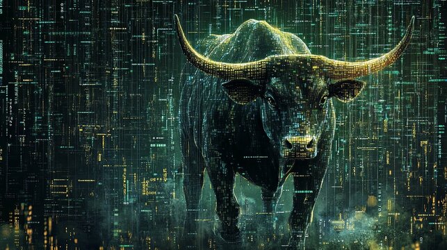 Digital Bull Stands In A Cybernetic Landscape - Powered by Adobe