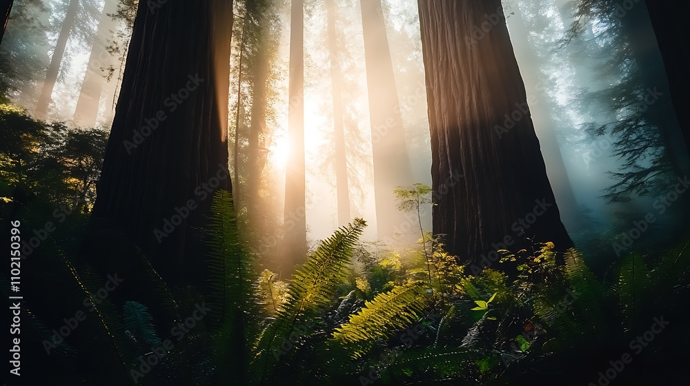 Poster majestic forest with sunlight filtering through towering redwoods in serene natural setting of woodl