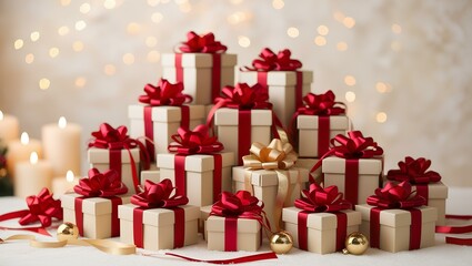 A Christmas gift box with candles and a ribbon in red and gold for holiday celebrations, isolated with a festive look