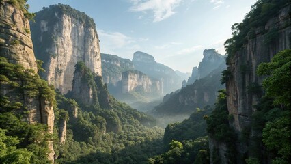 A dramatic landscape of towering limestone cliffs and lush greenery, vertical rock face, limestone cliffs, , Gunung Mulu