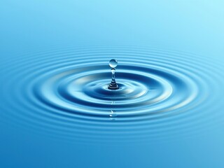 A droplet of water falls onto a calm blue surface creating a small circle of concentric ripples that expand outward, fall, reflection, blue