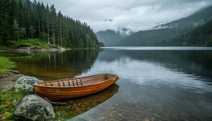 Obraz premium Serene lake scene with lush green trees and a tranquil boat gently floating on the water