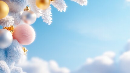 Close-up frosted Christmas ornaments white fir branches clear blue winter sky
