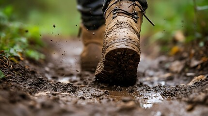 Obraz premium Close-up of muddy hiking boots splashing through a puddle on a forest trail.
