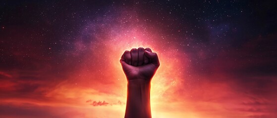 Fist raised against a cosmic sunset background symbolizing strength and empowerment.