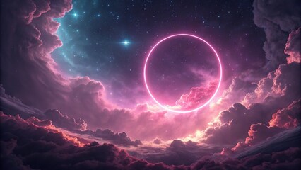 A glowing pink circle set against a background of swirling abstract clouds and stars, neon, pink