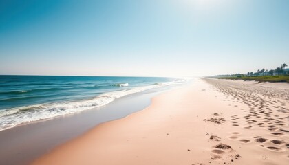 Obraz premium Serene beach scene, sunny day, ocean waves, footprints in sand.