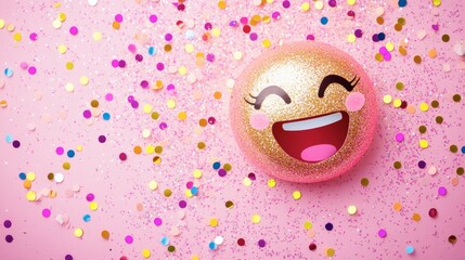 Cheerful Emoji Ball with Glitter and Colorful Confetti Background