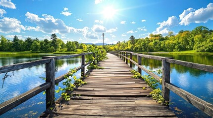 Naklejka premium A sturdy wooden bridge stretching over a tranquil river under a blue sky, river, sky, peaceful, serene