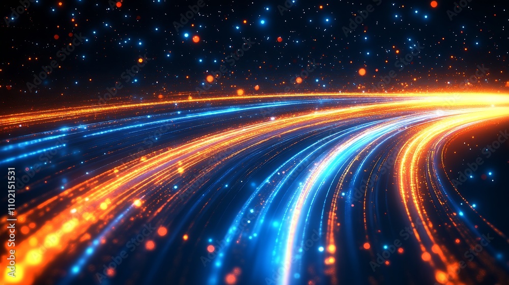 Poster futuristic abstract blue and orange light trails with starry background : generative ai