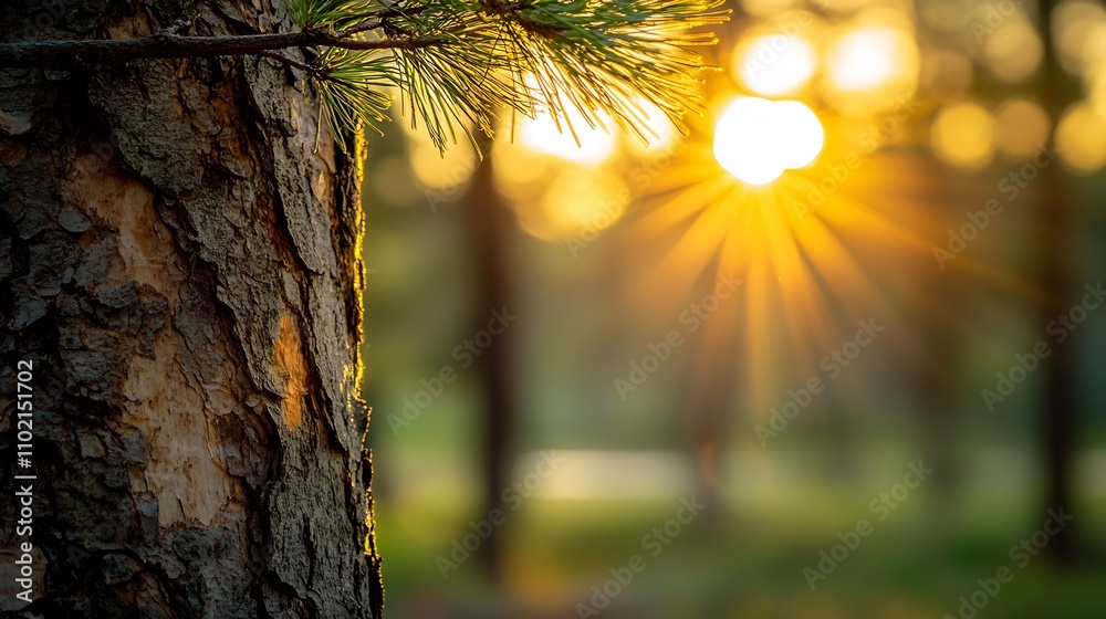 Poster Rustic Forest Scene with Sunlight Piercing Through Pine Trees in Serene Environment : Generative AI