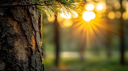 Obraz premium Rustic Forest Scene with Sunlight Piercing Through Pine Trees in Serene Environment : Generative AI