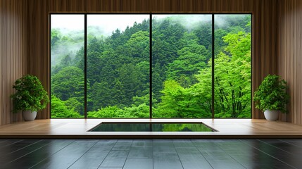 Modern interior with large windows showcasing lush greenery outside.