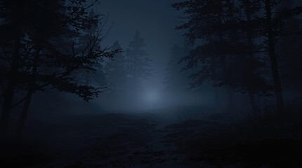 A misty fog rises from a dimly lit forest floor on a cold winter morning, natural ambiance, foggy conditions, foggy forest
