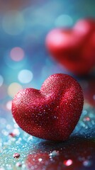 Fototapeta premium Glittering red heart ornaments on shimmering surface with soft bokeh lights in background, creating a romantic and festive Valentine's Day atmosphere.