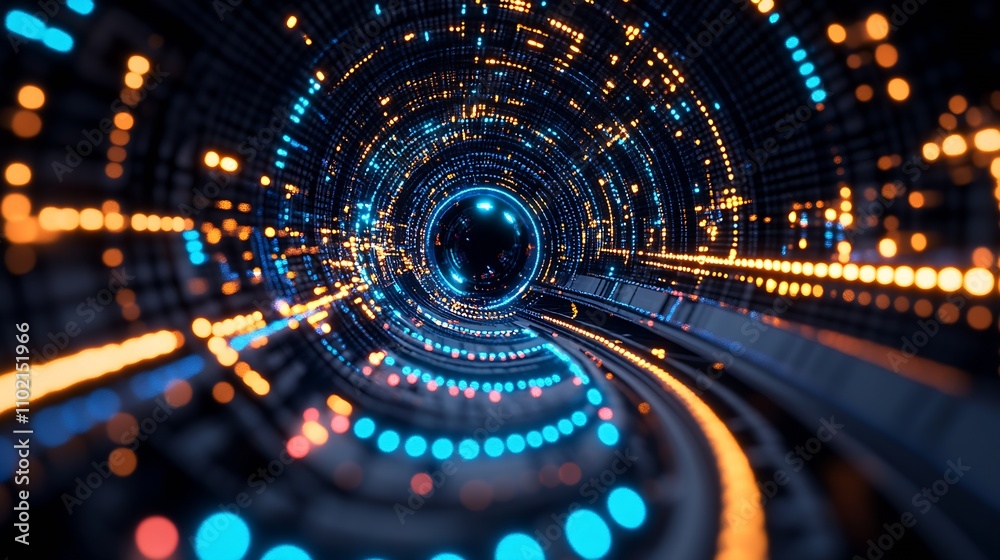 Poster futuristic digital tunnel with spinning lights and vibrant colors in a sci-fi cyber environment : ge