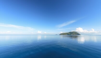 Serene island reflected in calm ocean under a clear blue sky.